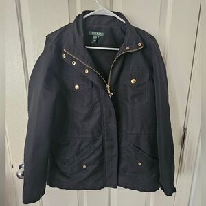 LAUREN RALPH LAUREN Full Zip Jacket BLACK w Gold Buttons Windbreaker Size Medium